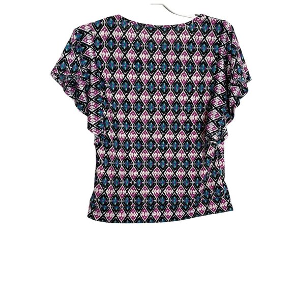 Jaclyn Smith Flutter Sleeve Geometric Top Purple Black White Small - Picture 2 of 7